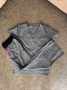 smitten Gray Scrub Set with Pink Accents